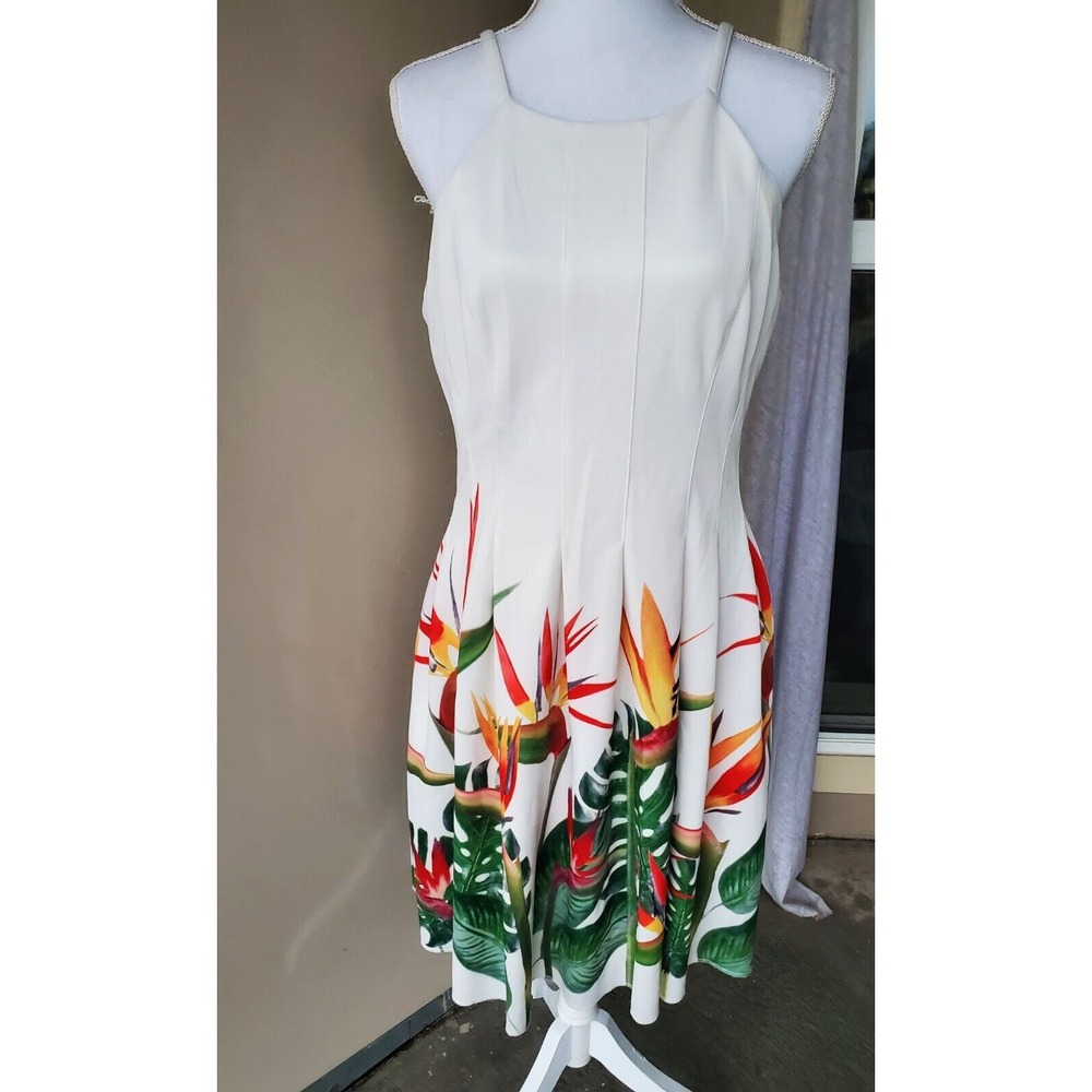 Calvin Klein Midi Dress Womens Small White Green Orange Tropical Beach Vacation